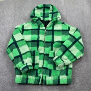 Delias Dolls Kill Women's Plaid Soft Fuzzy Full Zip Hooded Jacket Size S Green